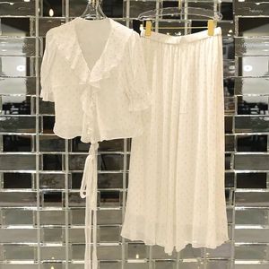 Vestidos de trabajo Mujeres Seda de seda blanca 2023 Femenino de verano Ruffles Cinturón Top de falda larga Twinset de dos piezas