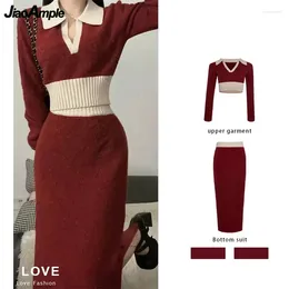 Werkjurken Vrouwen Lente Herfst Geluk Rood Crop Gebreide Tops Halve Rokken Tweedelige Sets Koreaanse Dame Polo Trui Rok Past Gebreide outfits