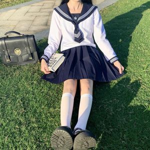 Werkjurken vrouwen lente herfst zacht meisje Japans schattige preppy stijl sailor jk uniform outfit kawaii lange mouw shirt zoete geplooide rok