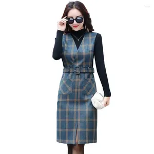 Werkjurken vrouwen lente herfst vest jurk v-neck riem riem vintage mouwloze pocket plaid vrouwelijke slanke riem vestidos y547