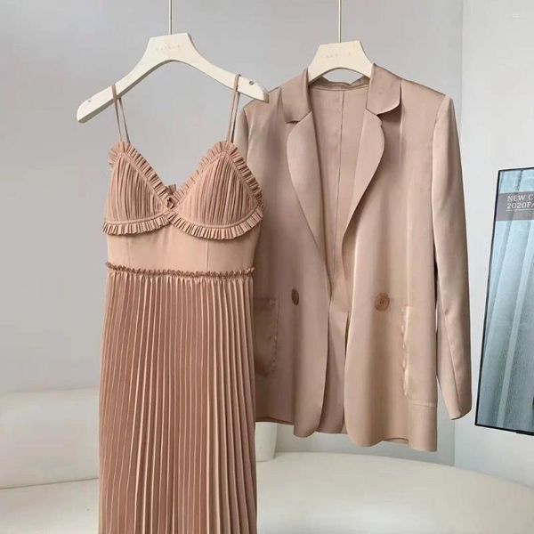 Robes de travail Femmes Femmes Lace Office Dame Robe Full Automne printemps Single Simple Gnee-Length 2 Pic Set High Quality