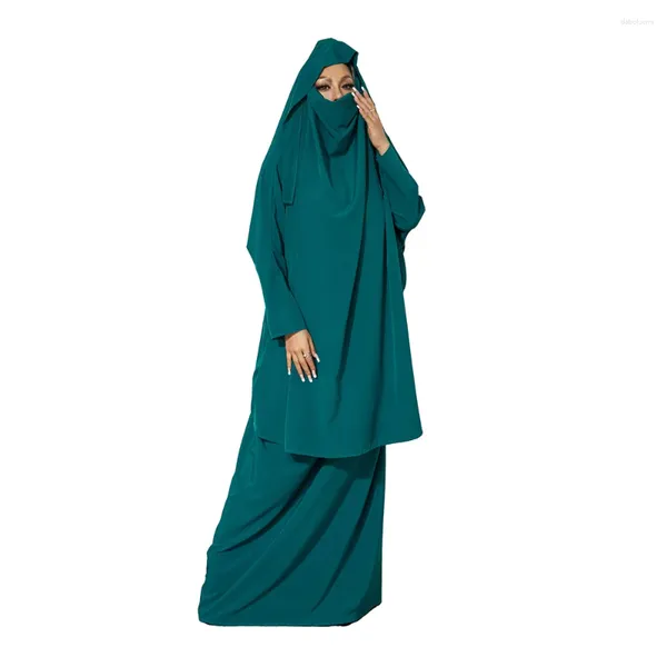 Robes de travail Femmes Été 2 Pièces Tenues Style Ethnique Musulman Arabie Saoudite Couleur Unie Lâche Manches Longues Robe À Capuchon Et Jupe Élastique Ensembles