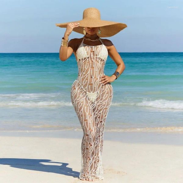 Robes de travail Femmes Summer plage 3 pièces Set Bikini Bra Thong Lace Up Halter Backless Hollow Out Fishnet Long Dress Vacation Cover Ups