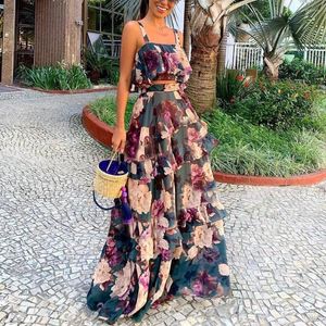 Werk Jurken Vrouwen Zomer Boho Strand Tweedelige Set Sexy Rok Crop Top Maxi Lange Bloemen Gedrukt Ruches Hoge Taille Casual