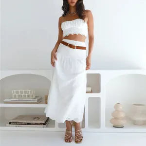 Werkjurken Dames Zomer Rokken Outfits Effen Kleur Oogje Strapless Tube Tops Hoge taille Lange 2-delige kledingset