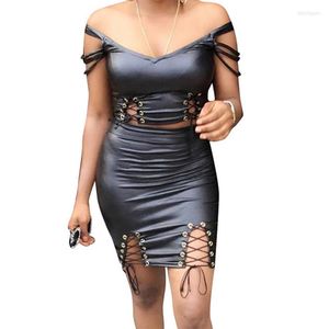 Werkjurken vrouwen zomer steampunk rokpak set zwart punk pu lederen stretch mode vinyl latex top feest club slijtage mini jurk