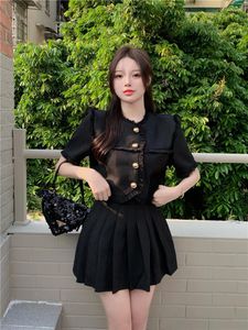 Vestidos de trabajo Mujer Temperamento Xiao Xiang Feng Rosa Negro Borlas Patchwork Un solo pecho Manga corta Cintura alta Faldas plisadas Trajes