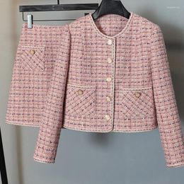 Werkjurken vrouwen tweed 2 -delige set elegante vintage plaid jassen met lange mouwen jassen jas mini rok pakken herfst winter dames kantoorsets
