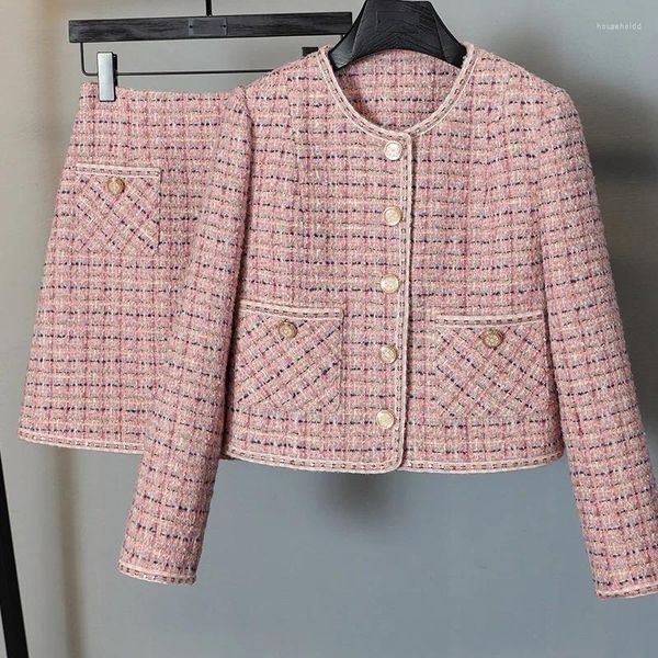 Vestidos de trabajo Mujeres Tweed 2 piezas Set elegantes chaquetas de manga larga a cuadros Vintage