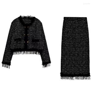 Werkjurken Dames Vintage Tweed Winterpak Jacke Jas Top en lange rok Tweedelige set Bijpassende outfit Jacquard Formele gelegenheidskleding