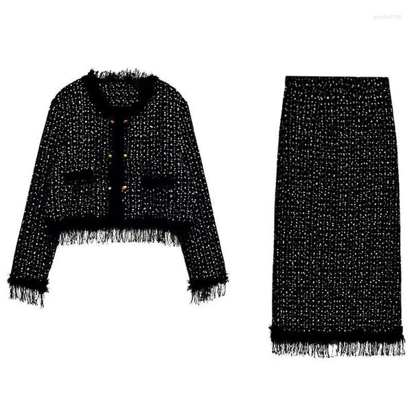 Vestidos de trabajo Mujeres Vintage Tweed Traje de invierno Chaqueta Abrigo Top y falda larga Conjunto de dos piezas Traje a juego Jacquard Ropa para ocasiones formales