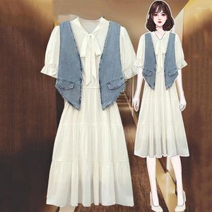 Robes de travail femmes robe blanche costume été 2023 Denim gilet veste et manches courtes en mousseline de soie deux pièces ensemble femme Aq421