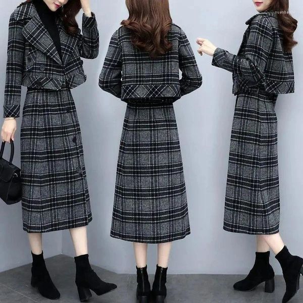 Robes de travail Femmes Suit en laine Automne Mélange d'hiver Coat à plaid et jupe en laine en deux pièces 2023 Office Ladies tenue 776