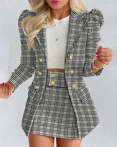 Werkjurken dames outfits elegante dameskantoor dames blazer sets 2024 herfst plaid print puff puff mouw button button coat rok set