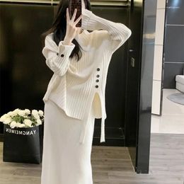 Robes de travail pour femmes, ensemble jupe tricotée de Style paresseux, pull à boutons fendus sur le côté et robe taille haute, ensembles deux pièces