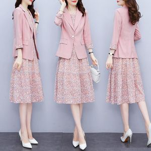 Robes de travail femmes rose Floral affaires bureau ensemble vêtements 2022 automne haut + robe 2 deux pièces lâche mince décontracté dames porter des ensembles