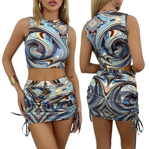 Robes de travail Femmes Y2k Times en deux pièces Dye Summer Sumpe Set Girls Sexy Halter Neck Patchwork Tops A-Line BodyCon 2pcs Streetwear