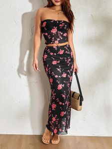 Werk Jurken Wsevypo Bloemenprint 2 Stuks Tube Top Rok Past Vrouwen Zomer Feestjurk Sets Off-Shoulder cropped Bandeaus Wrap Lange Rokken