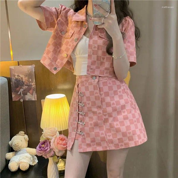 Robes de travail wyblz fashion women sets sets Summer Sweet Love Plaid Paid court à manches courtes à manches 2 pièces pour femmes