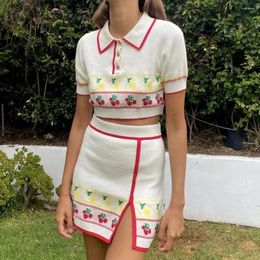 Vestidos de trabajo XEASY, conjunto de dos piezas Vintage de verano para mujer, imágenes de dibujos animados, jersey de punto dulce, falda de cintura alta elástica bonita ajustada para chica