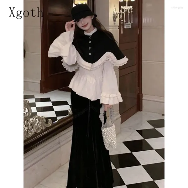 Vestidos de trabajo Xgoth Girl Skirt Set suelto Tweed Cape Patchwork Camisa blanca Camas