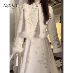 Vestidos de trabajo Xgoth Ins Juego de vestimenta para mujeres Invierno Estilo chino Retro Retro Metwork Floral Chaqueta corta Femenina Femenina