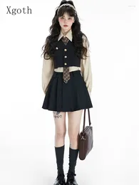 Robes de travail Xgoth Preppy JK jupe costume femme automne hiver 2024 uniforme coréen gilet court chemise plissée doux ensemble trois pièces
