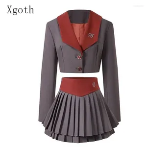 Robes de travail Xgoth Pure Sexy Femmes Jupe Costumes Gris College Revers Vestes Courtes Costume Plissé A-ligne Mini British Preppy Deux Pièces Ensembles