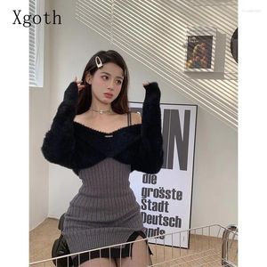 Werkjurken Xgoth Sexy Jurk Set Lente Pure Desire Meisje Gebreide Camis Zwarte Lange Mouw Korte Blouse Koreaanse Stijl Vrouwelijke Outfits