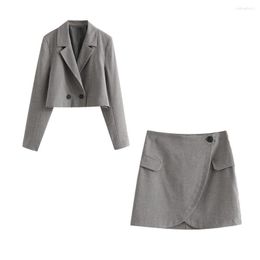 Arbeitskleider XIKOM 2023 Frauen Solide Zweiteilige Set TurnDown Kragen Einzigen Taste Anzug Mantel Weibliche Vintage Kurzen Rock Büro Dame