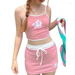 Werkjurken Xingqing Leuke jaren 2000-outfit Y2K Esthetische Fairycore Grunge-kleding Bloemenprint Crop Top en minirok Zoete Kawaii-kleding