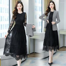 Werkjurken yasuguoji vrouwen blazer met riemprint mesh kanten jurk 2 -delige set 2024 lente Koreaanse mode dames lange mouw pakken