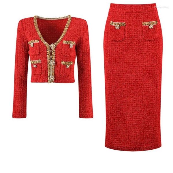 Robes de travail année charmant rouge Tweed femmes 2 pièces jupe ensembles col en v court paillettes hauts mince luxe dame costumes