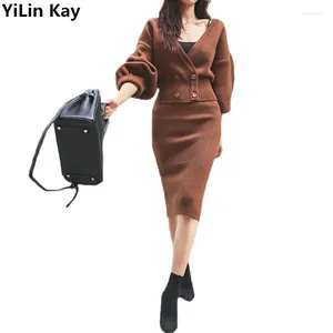 Robes de travail YiLin Kay automne deux pièces ensemble chauve-souris tricoté pull femmes jupe costume 2024 automne 2