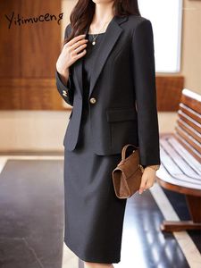 Werkjurken Yitimuceng jurk 2 -delige sets kantoorkleding vrouwen 2024 mode draai kraag slanke blazers elegante zwarte mini -pakken
