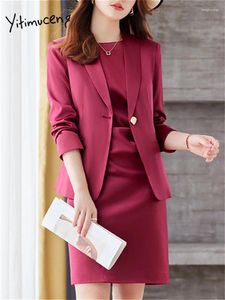 Werk jurken Yitimuceng Solid Women Suits Office Sets 2024 Fashion Long Sleeve Single Button Slim Blazers Chic O Hek Jurk
