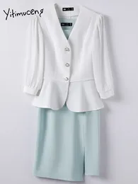Robes de travail Yitimuceng col en V Blazers robe femmes costumes trois quarts formel simple boutonnage solide élégant dame bureau classique