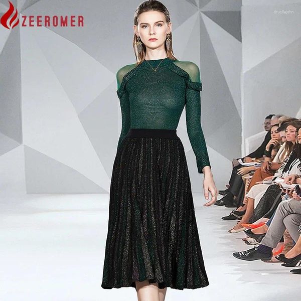 Robes de travail Zeeromer 2024 Automne 2 pièces costumes Femmes Green Ruffles Sweater Bling Bling Long Pleed Color Striped Jirt Set