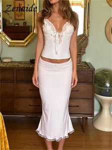 Werk jurken Zenaide dames zomer 2 -delige sets Lace V nek mouwloze sexy crop tops camis en midi -rokken elegante witte boog backless