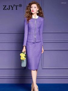 Robes de travail Zjyt Luxury Perk Sequins Robes Sets 2 pièces Femmes Elegant Party Purple Tweed Woolen Jacket Jupe Suit Office Lady tenue 4xl