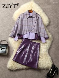 Robes de travail Zjyt Plaid Cloak Veste en tweed Jacket Top Top Jirt 2024 Elegant Winter Leather Robes Sets 2 Piece for Women Party Tentifit Lady