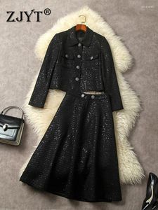 Robes de travail zjyt paillettes noires en tweed en laine veste jupe en jeu 2 pièces pour femmes