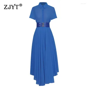 Werkjurken zjyt zomerchiffon blouse en lange asymmetrische rok set 2 -delige voor vrouwen blauwe vakantie outfit runway designer jurken sets