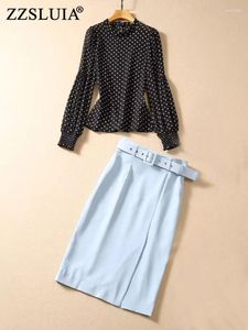 Werkjurken ZzSluia Elegante rokken pakken voor dames Polka Dot Gedrukte blouses shirts Potlood Twinset modeontwerper Outfit vrouwelijke set