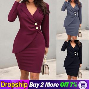 Vestido Formal de trabajo blazer mujer cuello manga larga botones ceñido al cuerpo vestido Casual cuello en V sin mangas fiesta Oficina señoras vestidos 9227552