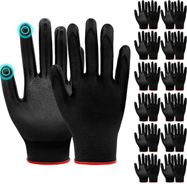 Gants de travail, 12 paires, avec paumes enduites de nitrile pour une excellente adhérence et protection, ainsi qu'un support d'écran tactile. Ce sont des gants de travail légers pour hommes et femmes. Noir