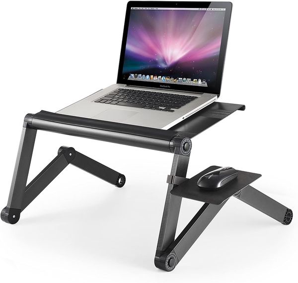 WorkEZ Cool - Soporte de refrigeración ajustable para portátil, bandeja de escritorio para cama, sofá con 2 ventiladores, 3 puertos USB, alfombrilla de ratón. Ángulo de inclinación de altura de aluminio ergonómico MacBook