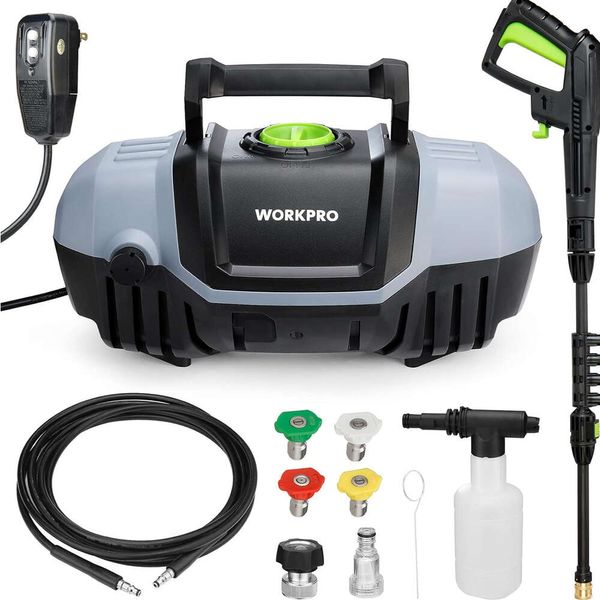 WorkPro Compact Pressure Washer 1900 MAX PSI - Laveuse électrique à haute pression avec 4 buses, applicateur de savon et tuyau - Laveuse électrique nettoie les voitures