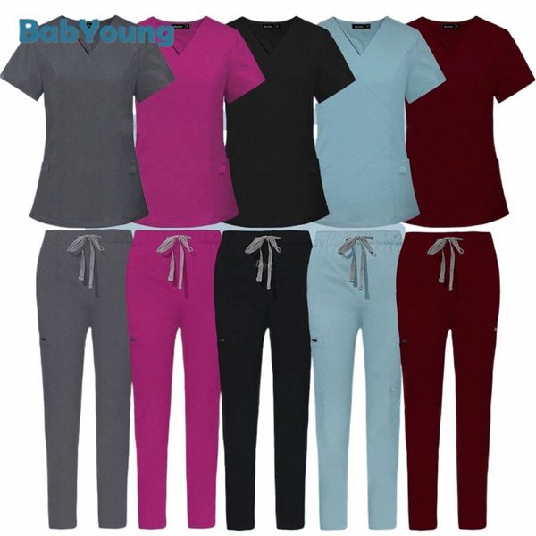 Ropa de trabajo Enfermera Tops + Pantalones rectos Uniforme de enfermería médica Mujeres Hombres Tienda de mascotas Belleza Traje de trabajo Doctor Cirugía Scrubs Set t8eV #