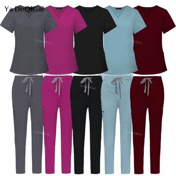 Ropa de trabajo Uniforme de enfermera Tops + Pantalones rectos Uniforme de enfermería médica Mujeres Hombres Tienda de mascotas Traje de trabajo de belleza Médico Cirugía Scrubs Set M6aG #